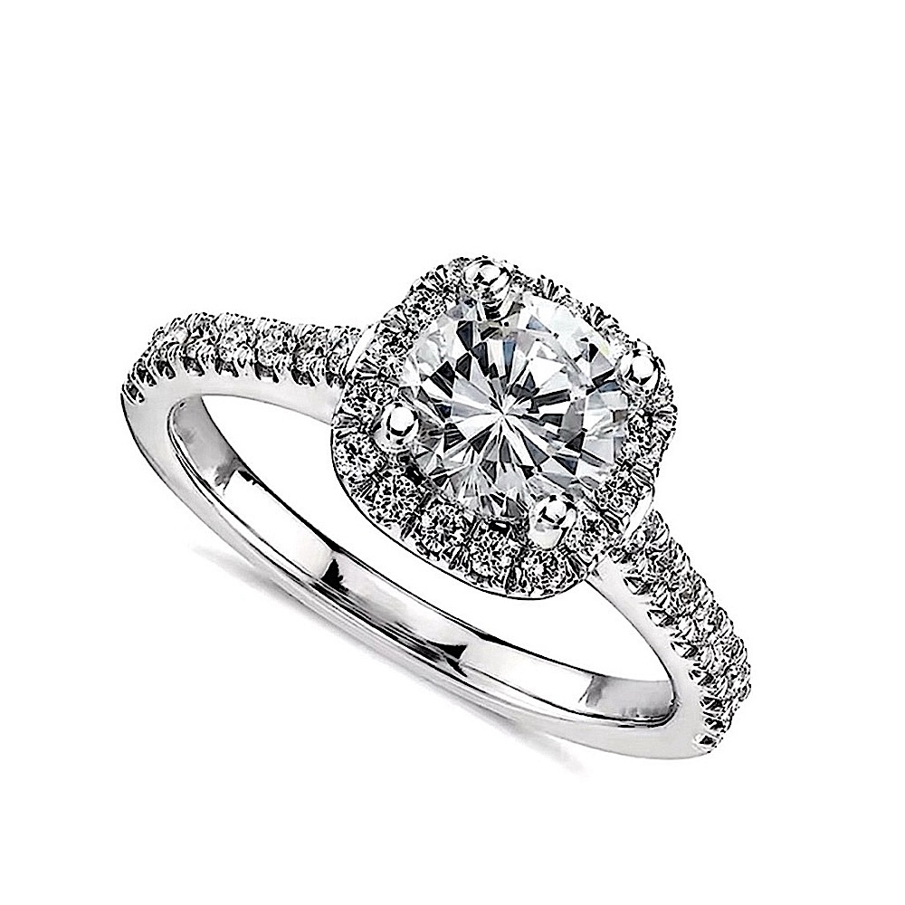 2 Ct Pave Halo‎ Round Platinum Plated S925 Diamond Engagement Ring, Size 8
